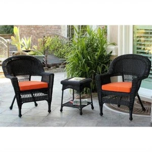 Jeco 3 Piece Wicker Conversation Set in Black with Orange Cushions - Picture 1 of 2
