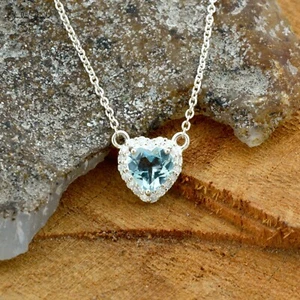 5mm Aquamarine Heart Cut Pendant 14k Solid Gold Diamond Halo Necklace For Women - Picture 1 of 23