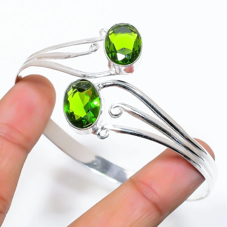 Green Peridot Gemstone 925 Sterling Silver Handmade Jewelry Bangle Size 7-8" - Image 1 of 1