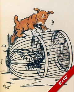 NAUGHTY PET PUPPY DOG ON BIRD CAGE ART CECIL ALDIN PAINTING PRINT ON REAL CANVAS - Picture 1 of 1