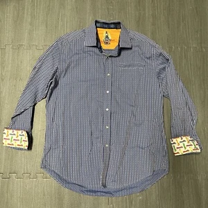 Robert Graham "Sparky" Mens Large Blue Stripe Car Flip Cuff Button Front Shirt - Picture 1 of 6