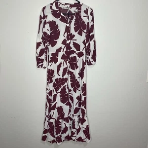 Zara Maxi Dress Size S Maroon White Floral Button Front 3/4 Sleeve Ruffle Hem - Picture 1 of 6