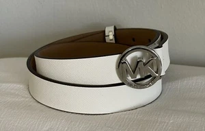 NWOT Michael Kors White Saffiano Leather Silver MK Logo Buckle Belt 556037 SMALL - Picture 1 of 16