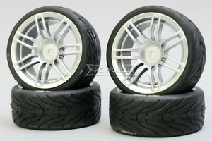 RC 1/10 Street SEMI SLICK WHEELS TIRES Package 3MM Offset  SILVER  7 STAR SPLIT - Picture 1 of 5