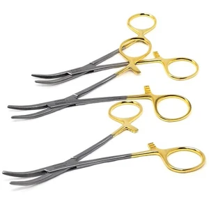 SET OF 3 O.R GRADE KELLY HEMOSTAT LOCKING FORCEP 5.5" CURVED WITH GOLD HANDLE - Picture 1 of 3