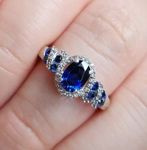 Sterling 925 Silver Simulated Sapphire and CZ Ring Gift for Her Size 6.5 - Picture 1 of 10