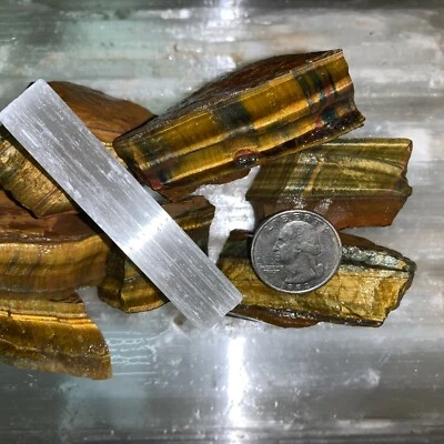 GOLD/BLUE TIGER EYE ROUGH, CHARGED 500 CARATS LOT + FREE SELENITE CHARGING STICK