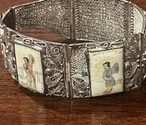 Antique Chinese Export 900 SILVER Cannetille SCRIMSHAW Geisha BRACELET - Picture 1 of 13
