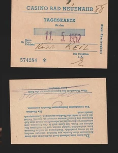 " Casino Bad Neuenahr - Tageskarte für den 11. 5. 1952 " Unterschrift K. Keil ? - Bild 1 von 1