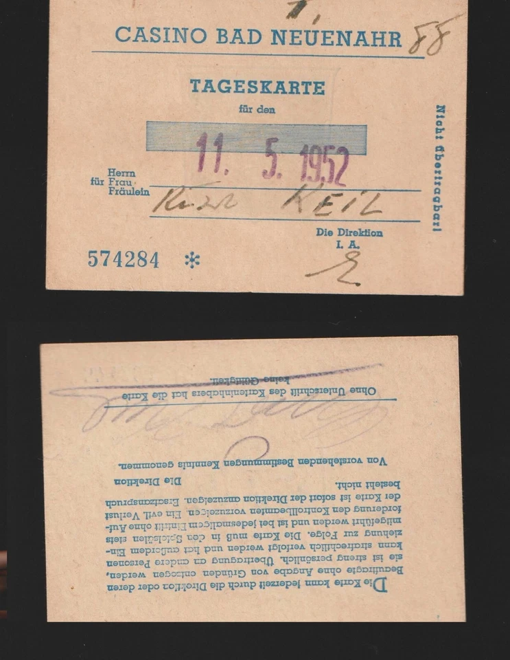 " Casino Bad Neuenahr - Tageskarte für den 11. 5. 1952 " Unterschrift K. Keil ? - Bild 1 von 1