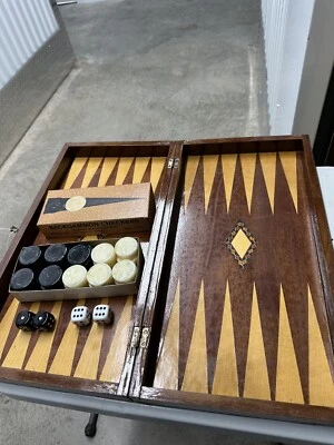 Vintage CRISLOID Backgammon Set Black  & Ivory Swirl Pieces Complete 1.5” - Image 1 of 4