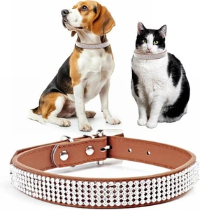 Dog Collar Pet Diamente Diamonds - PU Leather & Rhinestone - Beige - Large 45cm - Picture 1 of 13