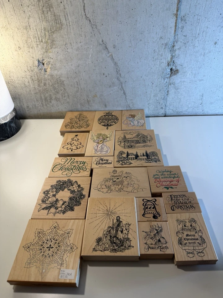 Lot Of 18 Christmas Holiday Craft Stamps Various Wood Block Stamps Mostly Large - Image 1 of 4