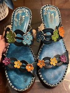 Spring step Women’s Teal Leather Floral Wedge Sandal Size 38 US 8 - Picture 1 of 8