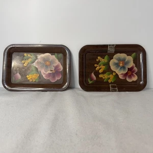 Vintage Mid Century Modern Floral Cocktail Trays Metal Mini Set Of 4 MCM Tole - Picture 1 of 16