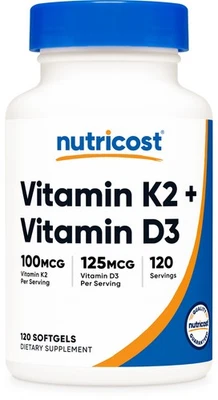 Nutricost Vitamin K2 (100mcg) + Vitamin D3 (5000 IU) 120 Softgels - Gluten Free - Image 1 of 4