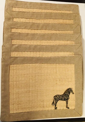Woven Rattan Wicker 6 Placemats 18 x 14” Rectangular - Burlap Edging, Zebra - Image 1 of 4