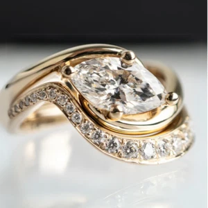 Wedding Ring Set Marquise Cut Diamond 1.40 Carat 18k Yellow Gold IGI Lab Grown - Picture 1 of 9