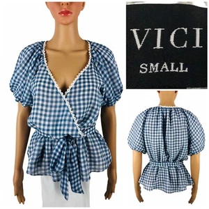 Vici Womens Small Blouse Ruffle Hem Gingham Top Blue Polyester Casual Cute EUC - Picture 1 of 9
