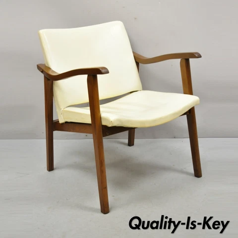 Mid Century Modern Walnut Wood Frame Vinyl Upholstered Lounge Arm Chair Cover