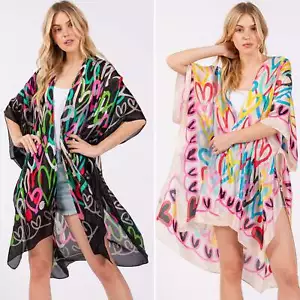 Copri kimono scialle aperto stampa cuori multicolore nero o beige - Foto 1 di 11