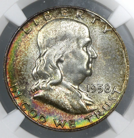 PRETTY RAINBOW TONED NGC MS66+ FBL 1958-D FRANKLIN SILVER HALF DOLLAR 50c (BC10) Cover