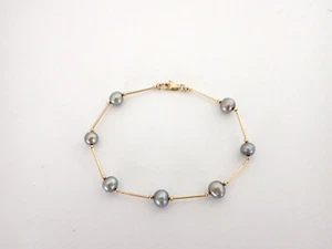 Vintage 14K Yellow Gold W/ Gray Fresh Water Pearls Station Bracelet 3.1 Grams - Picture 1 of 5