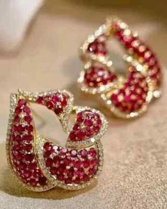 2.00Ct Round Cut Lab Created Ruby Flower Stud Earrings 14k Yellow Gold Plated - Picture 1 of 7