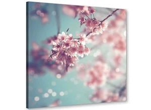 Duck Egg Blue Pink Shabby Chic Blossom Floral Canvas 49cm Square - 1s280s - Picture 1 of 4