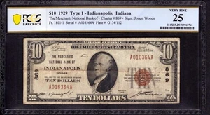 1929 $10 MERCHANTS NATIONAL BANK NOTE CURRENCY INDIANAPOLIS INDIANA PCGS VF 25 - Picture 1 of 2