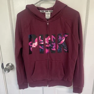 Pink Victoria's Secret Zip Up Tropical Logo Hooded Jacket Women's Sz M Burgundy - Picture 1 of 23