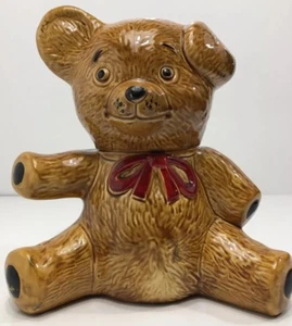 Jarro de galletas vintage para oso de peluche sentado bote marrón rojo lazo decoración de cerámica - Imagen 1 de 12