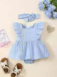 Blue Romper One-Piece Baby Girl Flutter Sleeves NEW Ruffles Buttons 142 - Picture 1 of 7