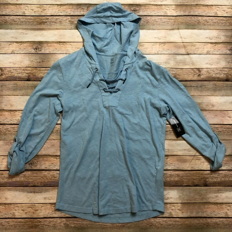 Camisa INC International Concepts para Hombres con Capucha Azul Pequeña Manga con Cordón y Pestaña Foto 1 de 1