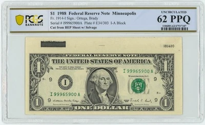 FR #1914-I $1 1988 Federal Reserve Note Minneapolis Unc 62 PPQ PCGS 947695-28 - Image 1 of 3