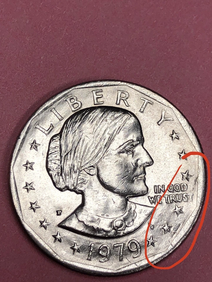 1979 P Susan B Anthony Dollar, Strike Error, Mint Mark Heavy “P”, Edge Error - Image 1 of 4