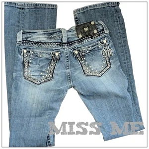 MISS ME Boot Cut Blue Jeans Low Rise Rhinestone Pockets Y2K Denim Women's 26/32 - Picture 1 of 8