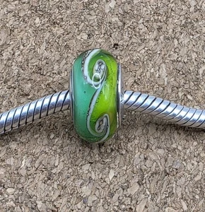 Authentic 925 Sterling Silver White Swirl Green European Glass Murano Charm Bead - Picture 1 of 2