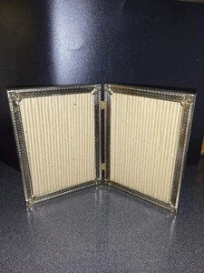 Vintage Gold Tone Double Photo Picture Frame 5x7 2-Way Easel Metal Ornate Hinged - Picture 1 of 2