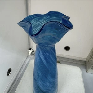 Vintage Blue Swirl Handblown Small Glass Vase - Picture 1 of 6