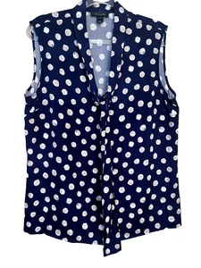 ST JOHN NAVY BLUE POLKA DOT Neck Tie Silk Blend Sleeveless BLOUSE TOP Size 14 - Picture 1 of 10