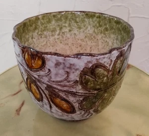 Vintage Italian Ceramic Planter / Jardiniere With Leaf Sgraffito-Orange/Green - Picture 1 of 12