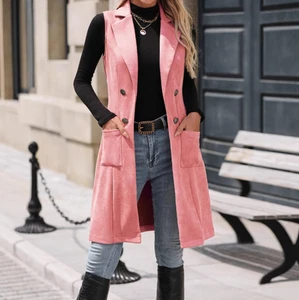 Women Faux Suede Lapel Coats Cardigan Vest Button Down Jacket Solid Outerwear - Picture 1 of 25