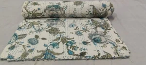 Indian Hand Block Floral Queen Size Cotton Kantha Quilt Throw Blanket Bedspread - Picture 1 of 8