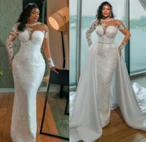 African Beaded Wedding Dresses with Detachable Train Long Sleeves Bridal Gowns - Picture 1 of 12