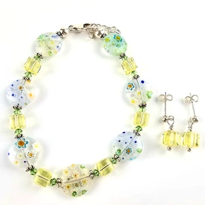 925 massiv Sterling Silber Millefiori Stil Blume Scheiben, Armband, Ohrring Set - Bild 1 von 8