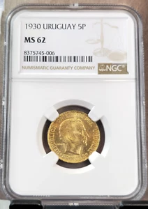 1930 URUGUAY GOLD 5 PESOS CONSTITUTION CENTENNIAL NGC MS 62 GREAT COIN - Picture 1 of 3