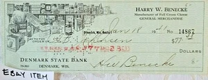 1941 Bank Check DENMARK WISCONSIN DENMARK STATE BANK HARRY W. BENECKE - Picture 1 of 1
