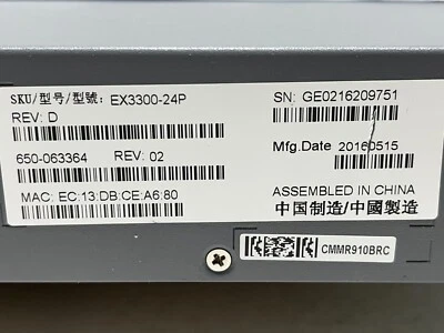 Juniper EX3300-24P EX3300 24-port 10/100/1000BASE-T (48 PoE+ ports) with 4 SFP+ - Image 1 of 3