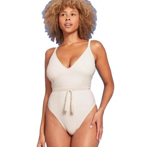Costume da bagno donna dettaglio treccia gamba extra alta pezzo unico tonalità e shore bianco sporco M - Foto 1 di 4